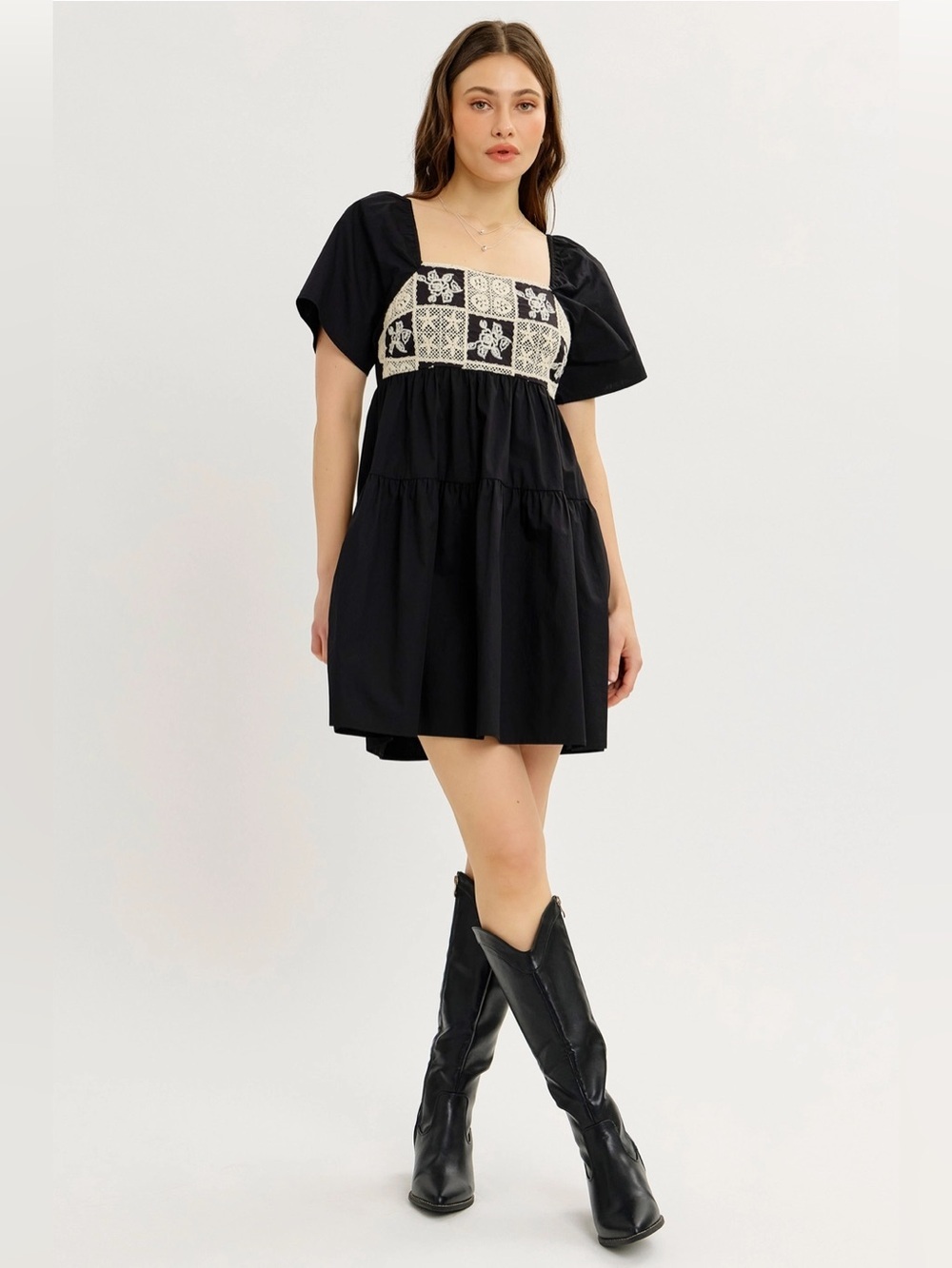 NWT Square Neck Cotton Poplin Tiered Mini Dress with Crochet